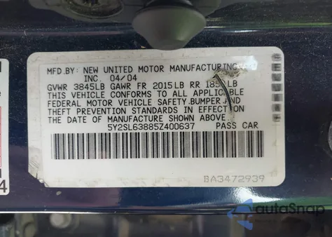 2005 Pontiac Vibe from USA, damaged, VIN 5Y2SL63885Z400637